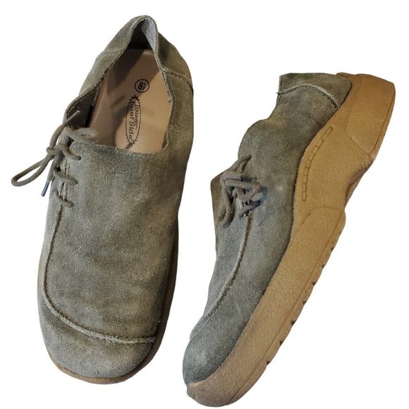 Vintage 90s Chunky Platform Shoes Slipon Suede Army Green Chukka‎ Loafer Sz 8.5 - Picture 1 of 14
